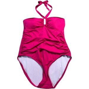 Ralph Lauren One Piece Swimsuit Pink Women's Size 12 Rouched Tue Neck Full Lined
